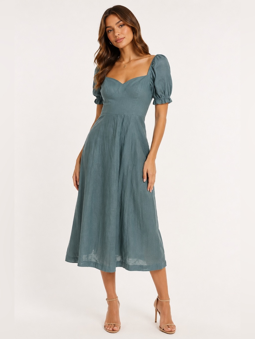 Boden Blue Green Deep Sea Linen Sweetheart Midi Dress Sz. 12L NWT